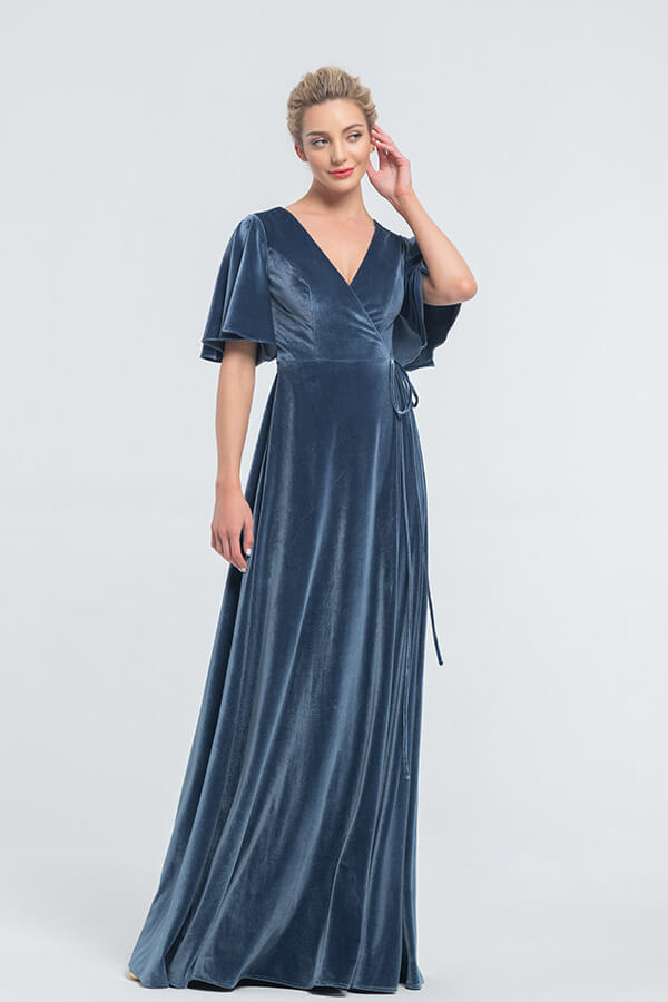 Dusty Blue Wrap Velvet Bridesmaid Dresses