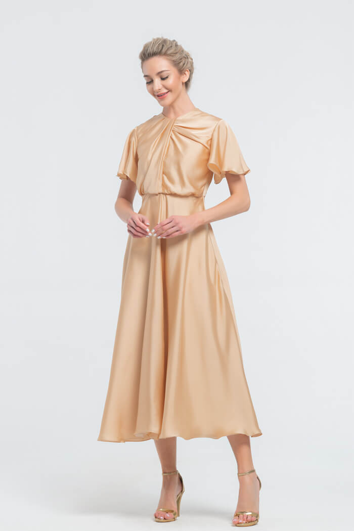 Champagne Satin Midi Bridesmaid Dress