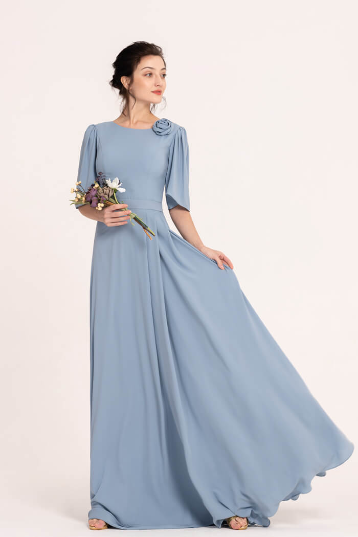 Dusty Blue Bridesmaid Dress Flutter Sleeves