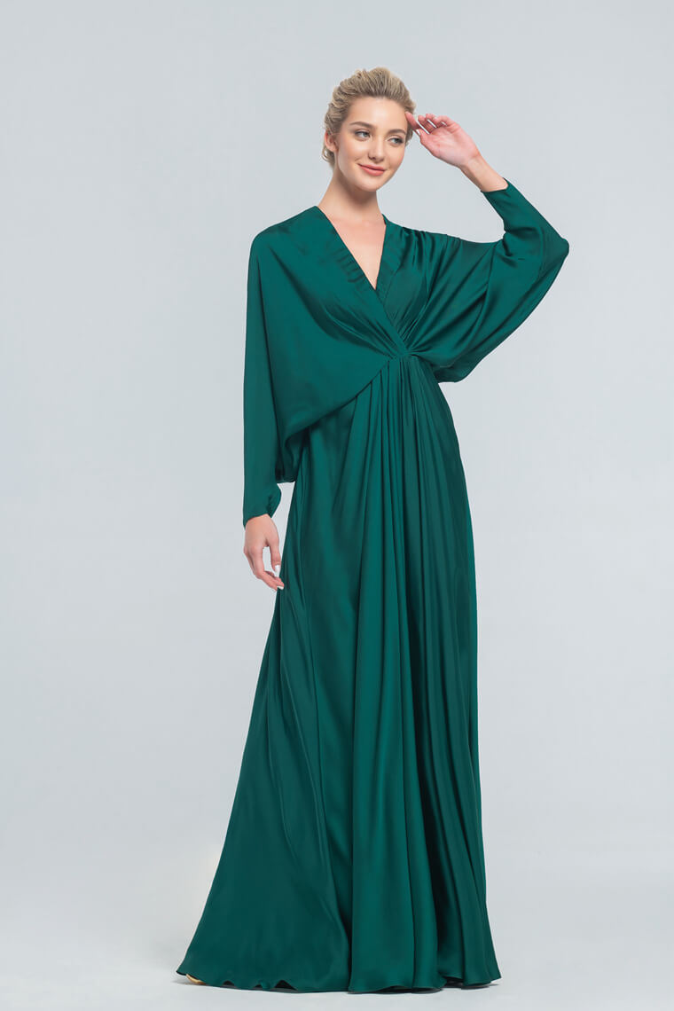 Dark Emerald Satin Bridesmaid Dresses Dolman Sleeves