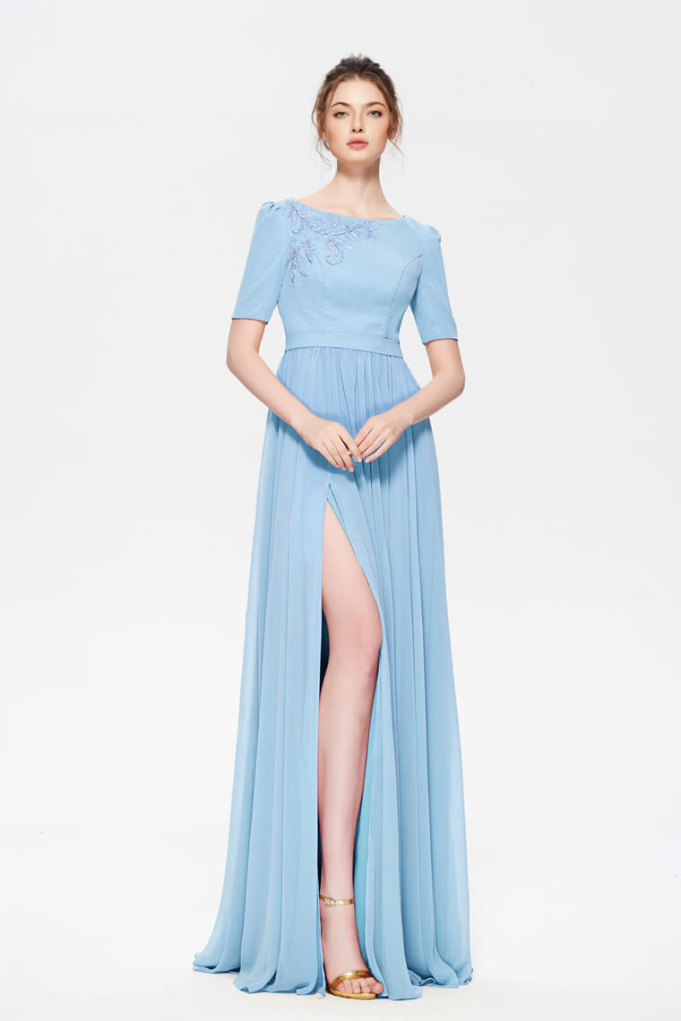 Light Blue Modest Beaded Bridesmaid Dresses