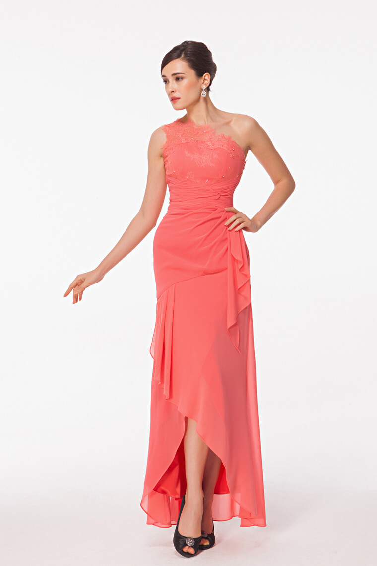 One Shoulder Coral High Low Bridesmaid Dresses