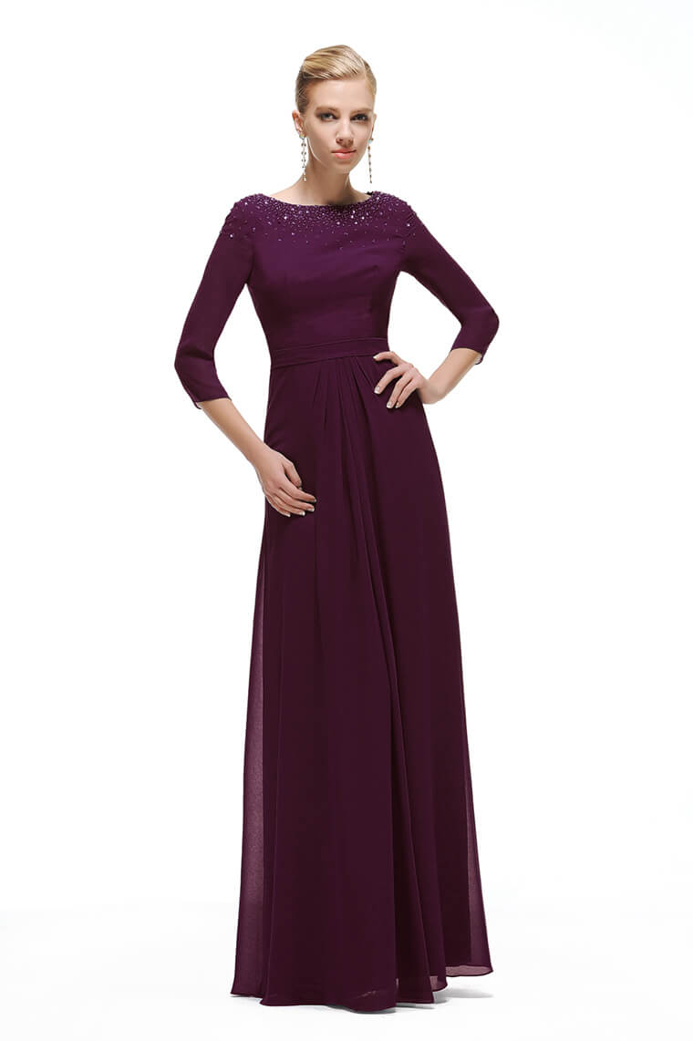 Beaded Modest Plum Mother of the Groom Dresses 3/4 Sleeves