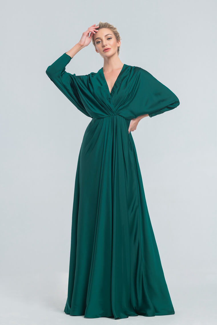 Dark Emerald Satin Mother of the Bride Dress Long Dolman Sleeves