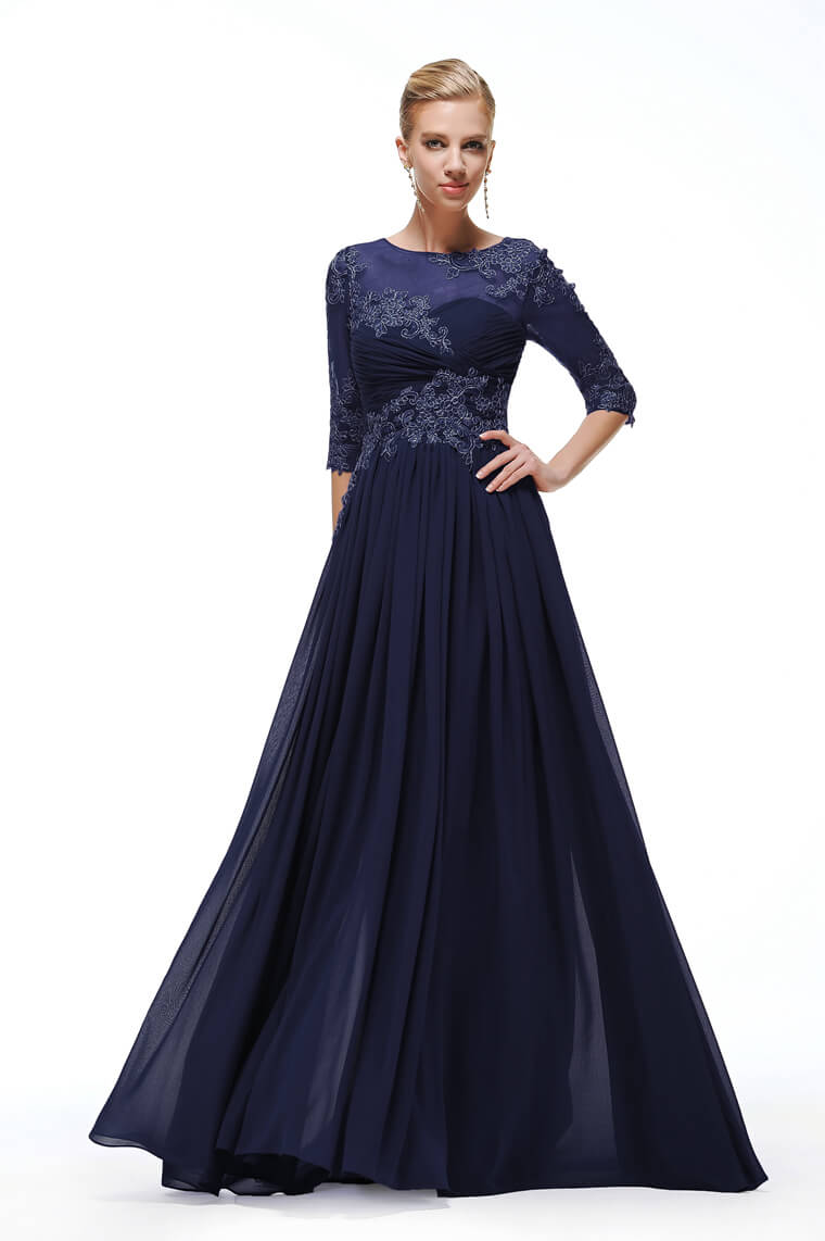 Navy Modest Chiffon Mother of the Bride Dress three quarter Sleeves Embroidered