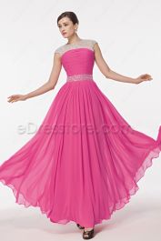 Modest Hot Pink Crystals Beaded Evening Dresses | eDresstore