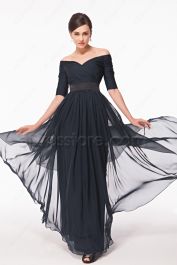 Modest Off the Shoulder Navy lOng Prom Dresses with Sleeves | eDresstore