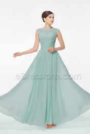 Lace Modest Dusty Green Bridesmaid Dress Capped Sleeves | eDresstore