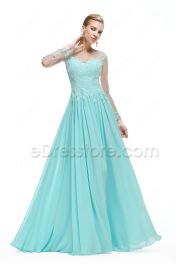Light Blue Backless Lace Modest Prom Dress with Sleeves | eDresstore