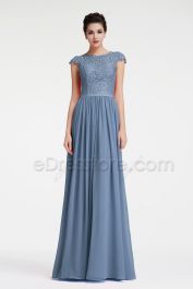 Modest Periwinkle Bridesmaid Dresses Lace Top with Sleeves | eDresstore