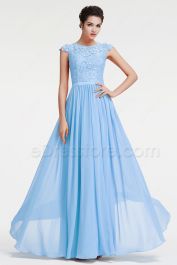 Modest Ice Blue Lace Prom Dress with Cap Sleeves | eDresstore