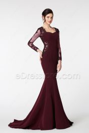 Dark Burgundy Mermaid Prom Dresses with Long Sleeves | eDresstore