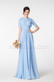 Modest Light Blue Prom Dresses with Elbow Sleeves and Bow | eDresstore