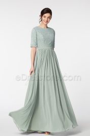 Modest Lace Chiffon Sage Green Bridesmaid Dresses with Sleeves | eDresstore