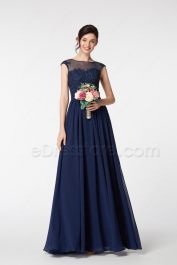Navy Blue Modest Bridesmaid Dresses with Lace Appliques | eDresstore