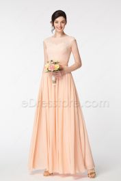 Lace Chiffon Peach Modest Bridesmaid Gown | eDresstore