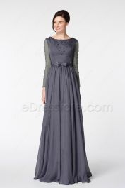 Charcoal Grey Beaded Modest Bridesmaid Dress Long Sleeves | eDresstore