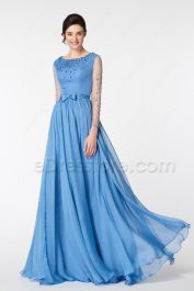 Lakeside Blue Beaded Modest Prom Dresses Long Sleeves | eDresstore