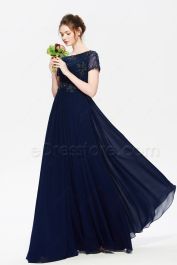 Navy Blue Modest Bridesmaid Dresses with Sleeves Maid of Honor Dress ...