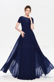 Navy Blue Modest Beaded Bridesmaid Dresses with Sleeves | eDresstore