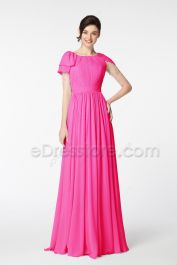 Modest LDS Beaded Hot Pink Bridesmaid Dresses with Sleeves | eDresstore