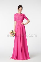 Modest LDS Hot Pink Bridesmaid Dresses Elbow Sleeves eDresstore