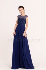 Sparkle Beaded Navy Blue Modest Prom Dresses Long Cap Sleeves | eDresstore