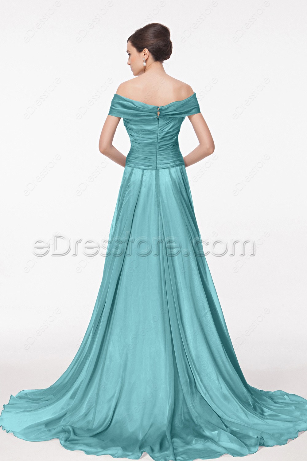 Off the Shoulder Green Long Prom Dresses with Train