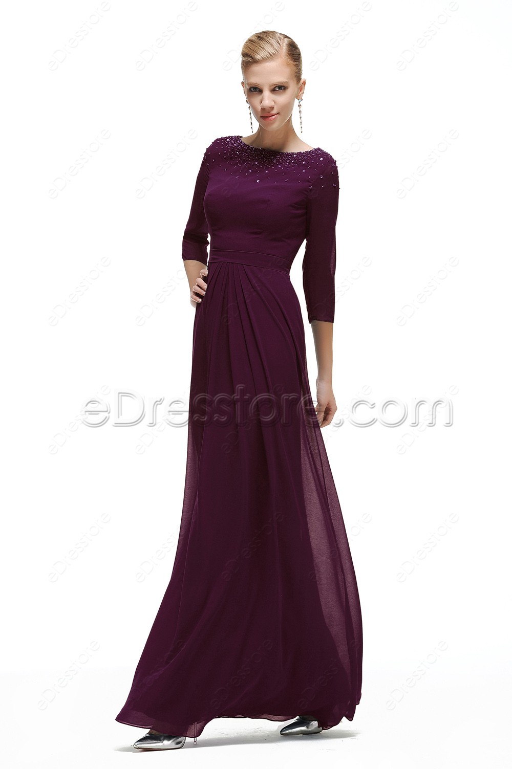 Modest Eggplant Mother Of The Groom Dresses With Sleeves Plus Size 3499