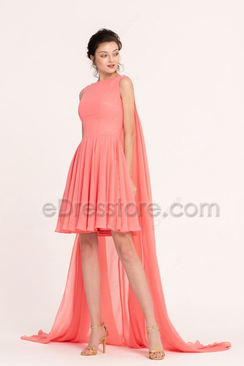 Coral Short Prom Dresses with Shoulder Train