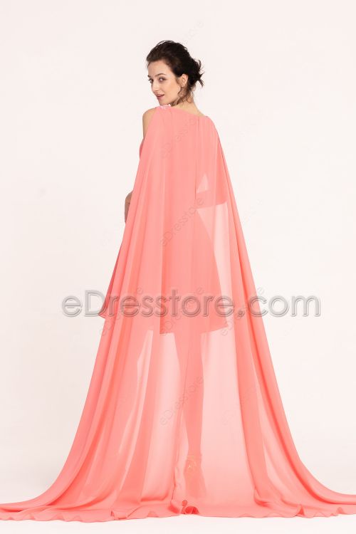 Coral Short Prom Dresses with Shoulder Train