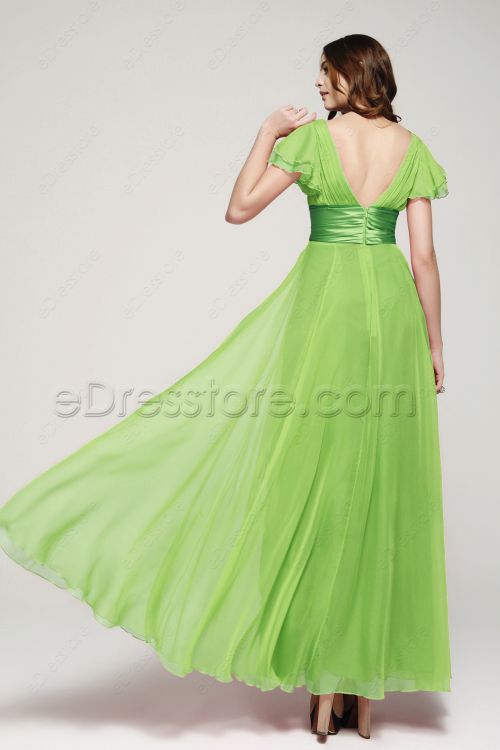 Modest Lime Green Long Prom Dresses with Sleeves