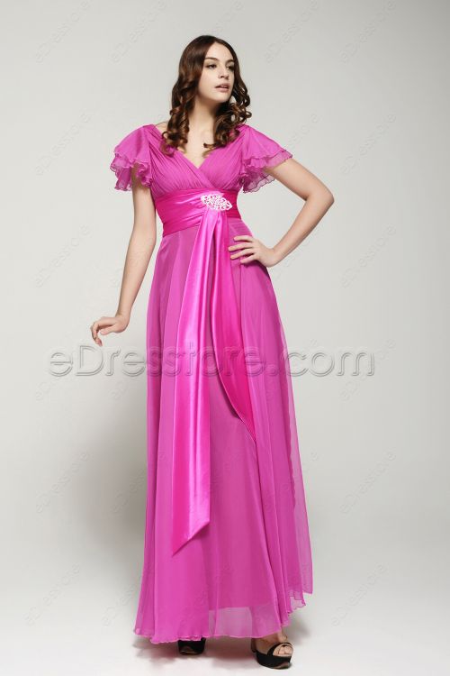 Modest Hot Pink Plus Size Formal Dress with Sleeves