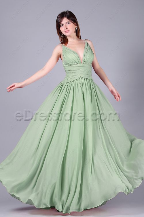 V Neck Sage Green Long Bridesmaid Dresses