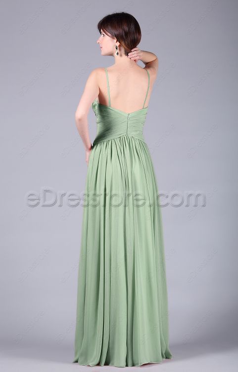 V Neck Sage Green Long Bridesmaid Dresses