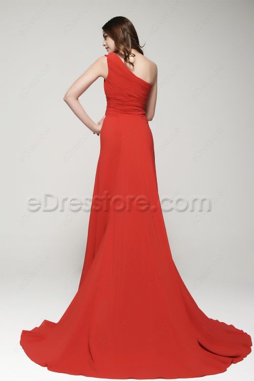 One Shoulder Red Prom Dresses Long with Train