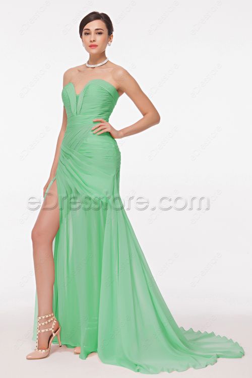 Sweetheart Sexy Green Flowy Prom Dress with Slit