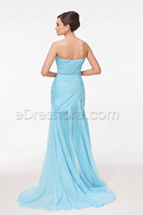 Light Blue Flowing Prom Dresses with Slit