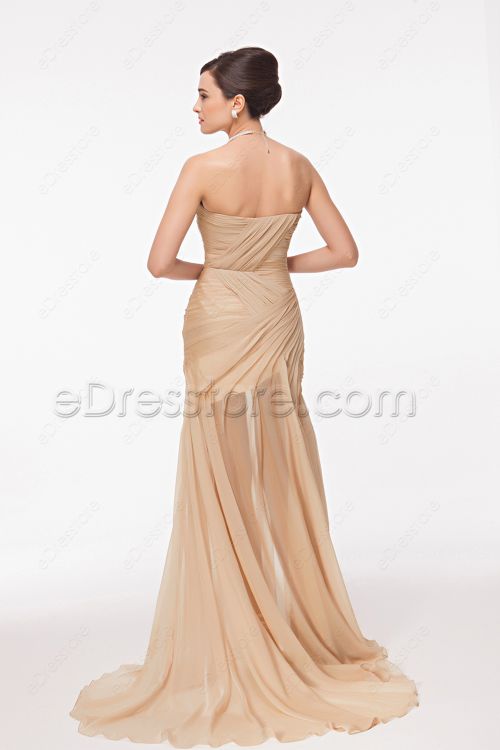 Flowing Champagne Evening Dress with Slit
