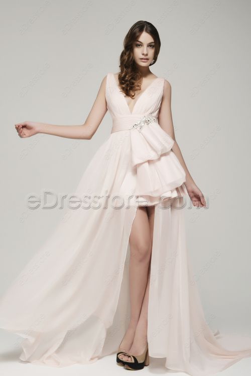 V Neck Pink Long Prom Dresses with Slit