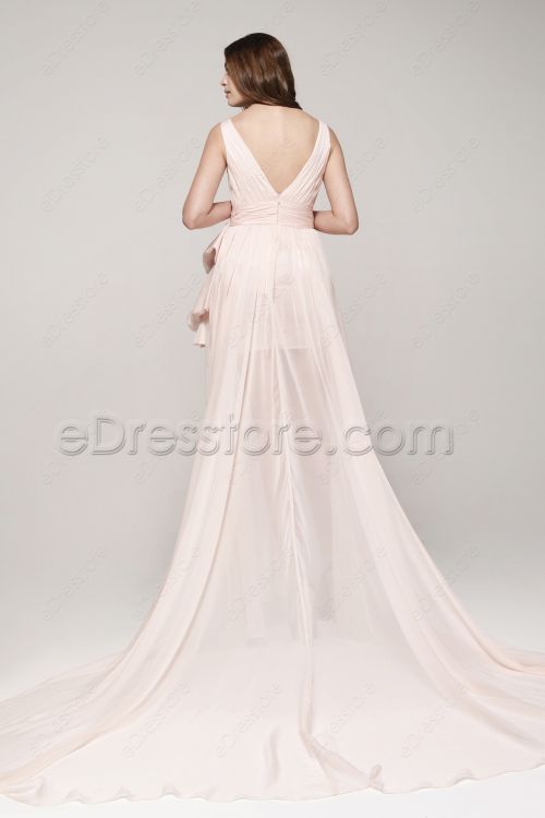 V Neck Pink Long Prom Dresses with Slit