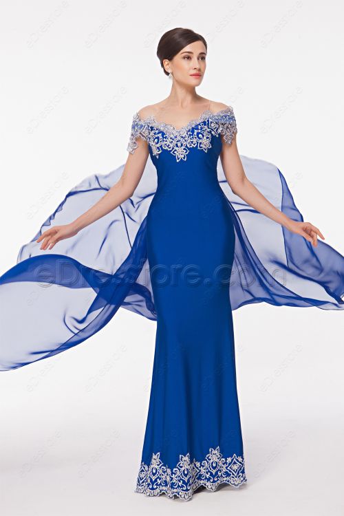 Stretchy Mermaid Royal Blue Prom Dress Silver Embroidery