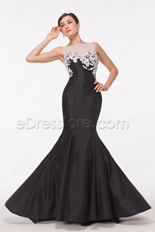 Backless Black Mermaid Prom Dresses with Crystals and White Lace