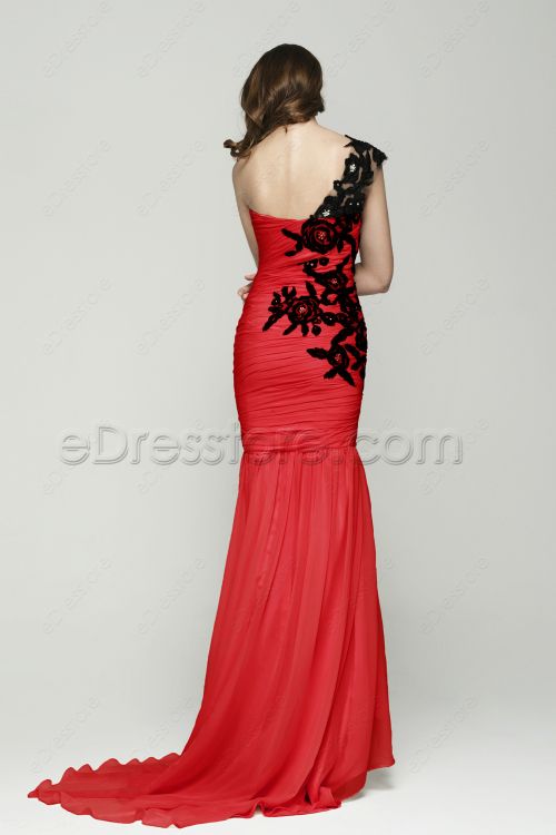 One Shoulder Mermaid Red Prom Dresses with Black Lace