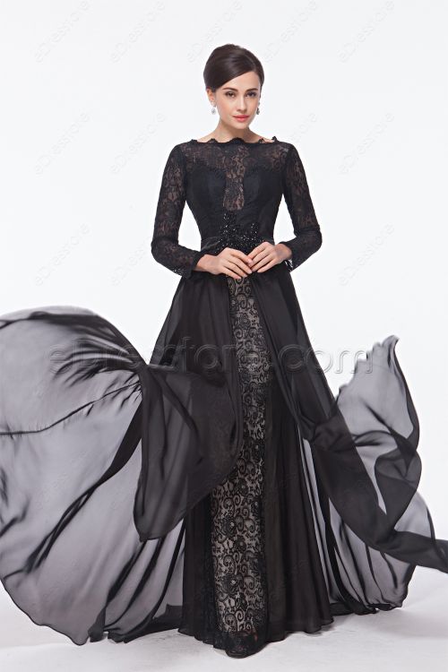 Modest Black Lace Backless Prom Dresses Long Sleeves