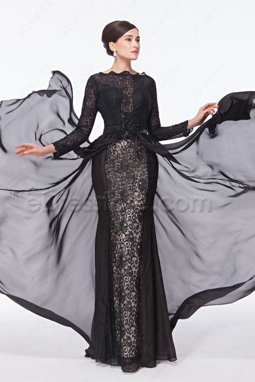 Modest Black Lace Backless Prom Dresses Long Sleeves