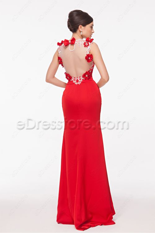Backless Mermaid Red Prom Dresses Long