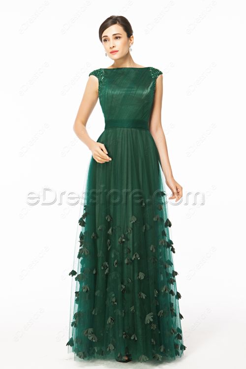 Modest Cap Sleeves Forest Green Prom Dress with Hand Sewn Flowers