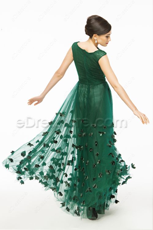Modest Cap Sleeves Forest Green Prom Dress with Hand Sewn Flowers