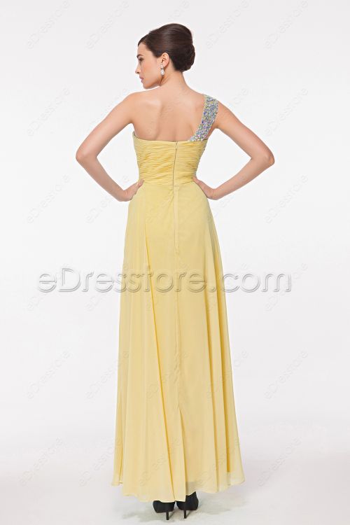 Soft Yellow One Shoulder Crystals Formal Dresses